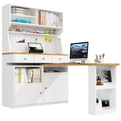 Küchenschrank 137x45x178cm hohes Küchenbuffet mit LED-App-Steuerung, Ausziehbarer Tischplatte & Stecktafel, Mehrzweckschrank MDF Weiß/Holz