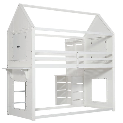 Etagenbett, Hausbett, Kinderbett mit Fallschutz und Gitter, mit Tisch, Offenes Regal, zwei Fenster, Reichlich Stauraum, Kiefer+MDF, Weiß, 90x200cm