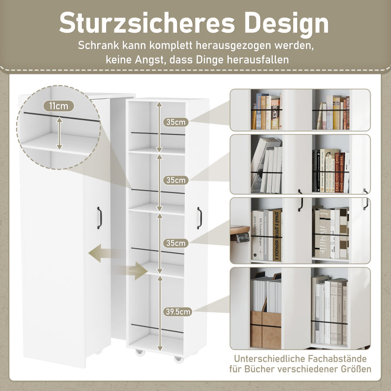 Erweiterbares Bücherregal mit Rollen – 4 Ebenen, Links und rechts austauschbar, MDF, 20 kg Tragkraft pro Ebene, leise Lenkrollen, weiß