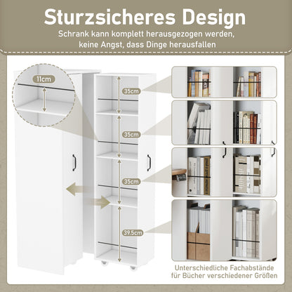 Erweiterbares Bücherregal mit Rollen – 4 Ebenen, Links und rechts austauschbar, MDF, 20 kg Tragkraft pro Ebene, leise Lenkrollen, weiß