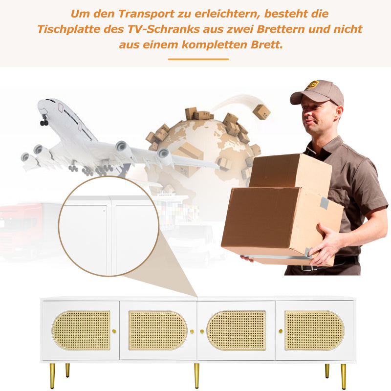 Weißer Rattan-TV-Schrank 180x40x50 cm - 4 Rattan-Türen, verstellbare Einlegeböden und Kabelmanagement für Fernseher bis 80 Zoll, TV-Schrank,Lowboards