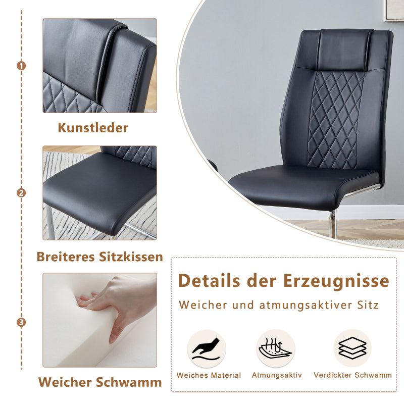 Schwarzer PU-Stuhl im nordischen Stil (vier Stühle im Inneren einer Kiste) - mit Netznähtdesign, glänzende silberne Metallbeine