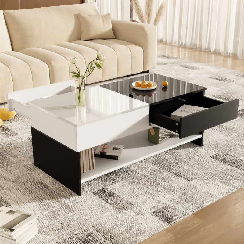 Moderner Couchtisch mit 2 Schubladen – Schwarz-Weiß-Design, Stauraum, Hochglanz-Tischplatte, 100 cm lang