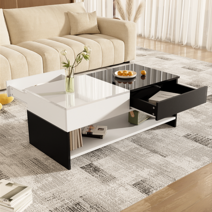 Moderner Couchtisch mit 2 Schubladen – Schwarz-Weiß-Design, Stauraum, Hochglanz-Tischplatte, 100 cm lang