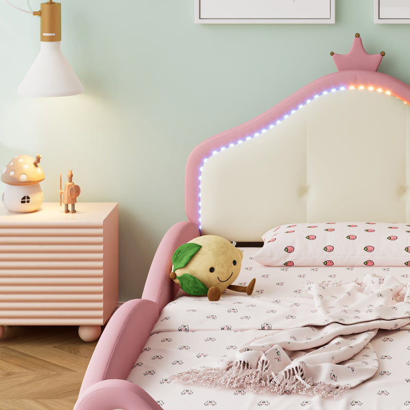 Polsterbett, Crown Cartoon Bett, Mit Multi-Mode-LED-Streifen, Kinderbett mit kleiner Rutsche und Treppe, mit schützenden weichen Kanten, mit Holzlatten, PU, Rosa + Beige, 90x200cm