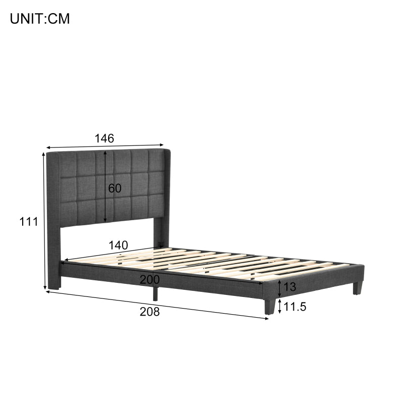 Polsterbett Mit seinem gepolstertes Kopfteil Doppelbett mit Lattenrost, 140x200cm ,in Grau Leinen,  mittelfest  (Mit Federkernmatratze)
