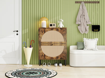 Schuhschrank mit zwei Türen, austauschbaren halbrunden Türfronten und Rattan-Oberfläche, geeignet für den Eingangsbereich und andere Szenen, Vintage-Braun