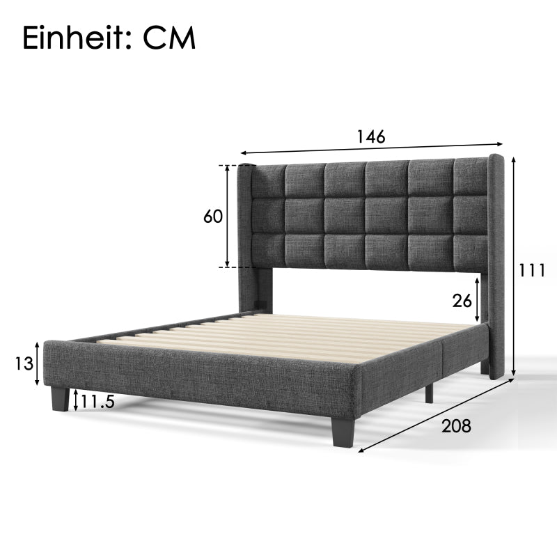 Polsterbett Mit seinem gepolstertes Kopfteil Doppelbett mit Lattenrost, 140x200cm ,in Grau Leinen, mittelfest (Ohne Matratze)