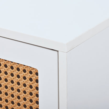 Sideboard mit 3 Rattan verzierten Türen Kommode Highboard mit Metallgriffe, für Schlafzimmer & Wohnräume & Büro, Weiß,129.8x 40x 76cm