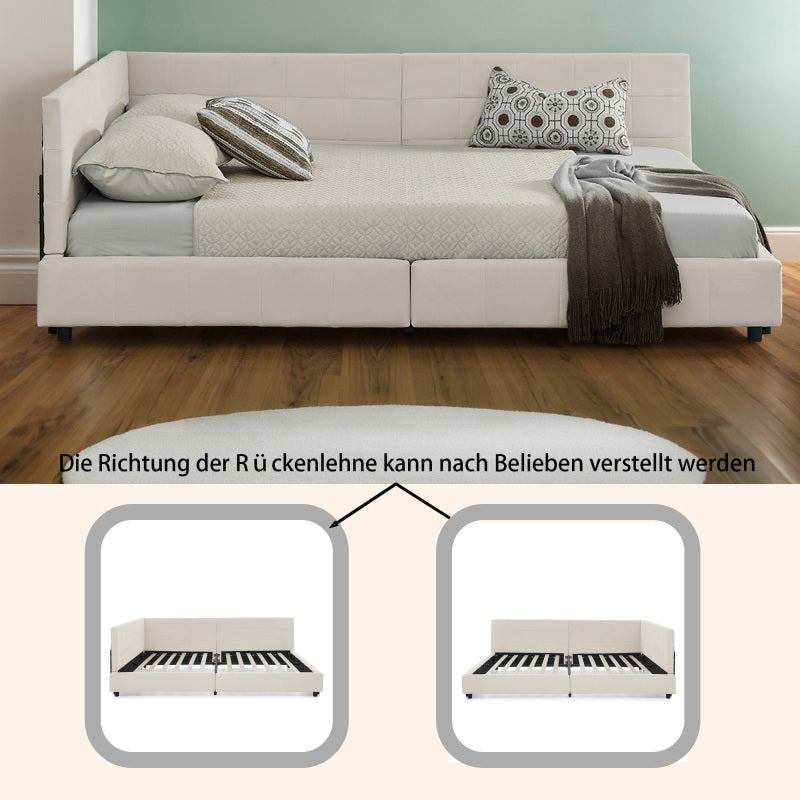 Doppelbett 140x200 cm, weiches hautfreundliches Samt, L-förmiges Eck Bettgestell, robuste Eukalyptus- und Eisenlatten, Beige (ohne Matratze)