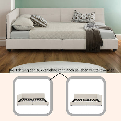 Doppelbett 140x200 cm, weiches hautfreundliches Samt, L-förmiges Eck Bettgestell, robuste Eukalyptus- und Eisenlatten, Beige (ohne Matratze)