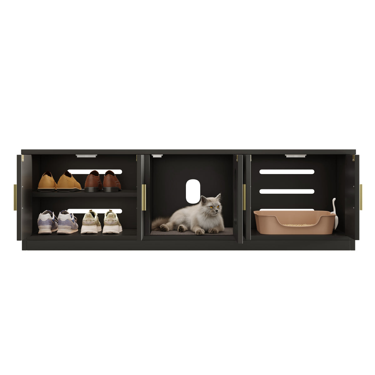 Versteckter Katzenschrank 140x40x45,5cm - 4-in-1 Katzenmöbel & Schuhbank, Katzentoilettenschrank mit Belüftung & Kratzmatte, Schwarz