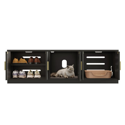Versteckter Katzenschrank 140x40x45,5cm - 4-in-1 Katzenmöbel & Schuhbank, Katzentoilettenschrank mit Belüftung & Kratzmatte, Schwarz