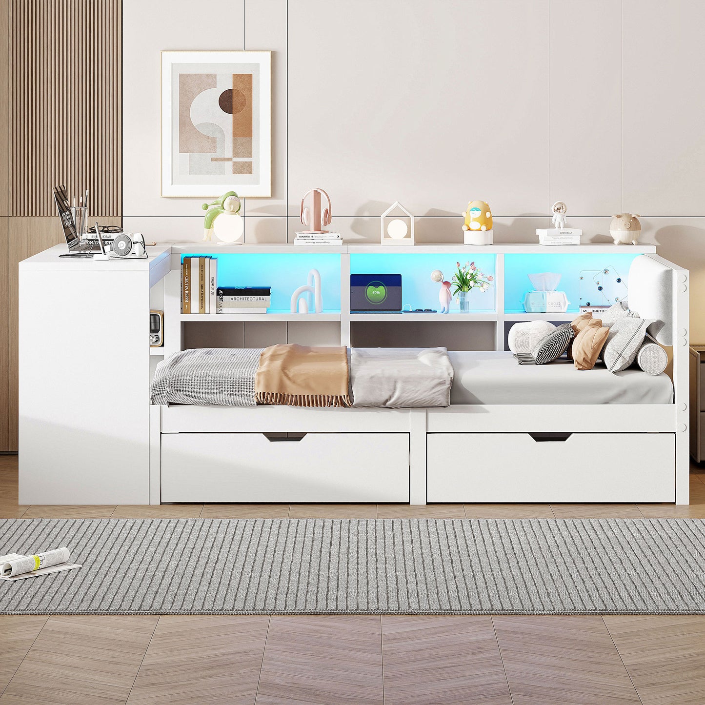 90x200 Holz-Plattformbett mit Ablageflächen, Schubladen, Ladestation und gepolstertem Kopfteil, Mit bunten LED-Leuchten, Weiß