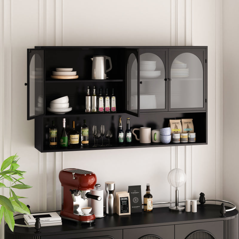 120CM Four-door Glass Wall Cabinet Storage, Wall-mounted,Suitable for Kitchen, Living Room, Bathroom(Black)