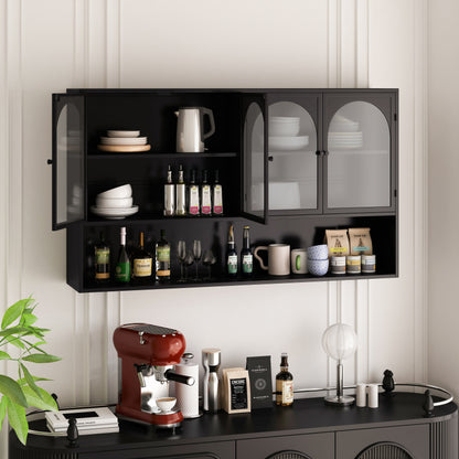 120CM Four-door Glass Wall Cabinet Storage, Wall-mounted,Suitable for Kitchen, Living Room, Bathroom(Black)