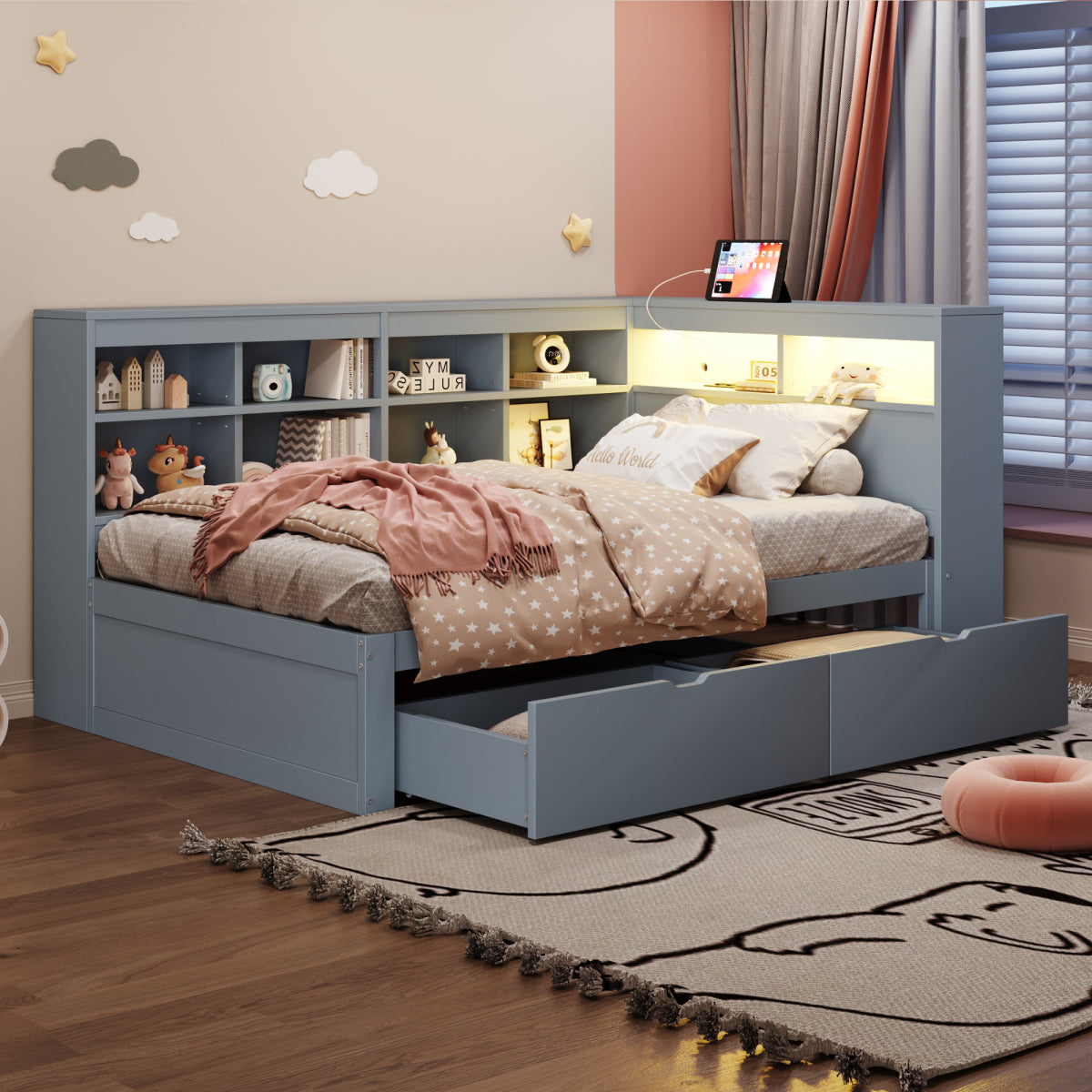 Massivholz-Einzelbett 90x200 Weiß mit LED & USB-Steckdose - Multifunktionales Schlafsofa mit Regalen, Ablagefächern & viel Stauraum, Grau