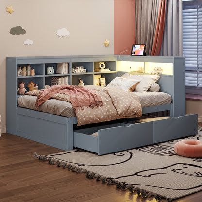 Massivholz-Einzelbett 90x200 Weiß mit LED & USB-Steckdose - Multifunktionales Schlafsofa mit Regalen, Ablagefächern & viel Stauraum, Grau