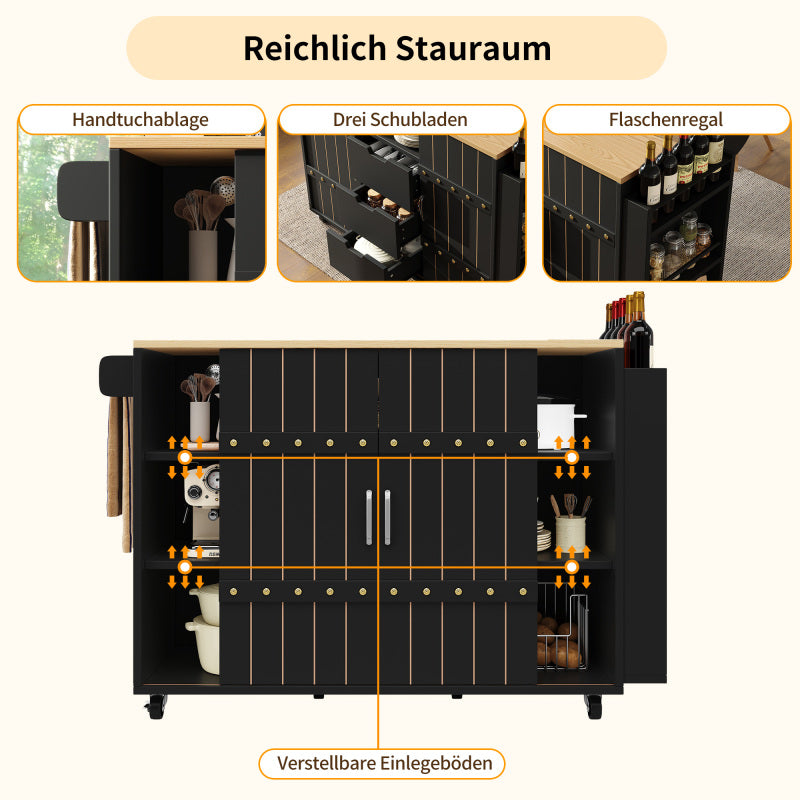 Küchenschrank, Servierwagen mit Holzmaserung, Küchenwagen mit rollen und arbeitsplatte, Küchenwagen mit Gewürzregal und Handtuchhalter, Kücheninsel mit Schiebetüren und Schubladen, schwarz