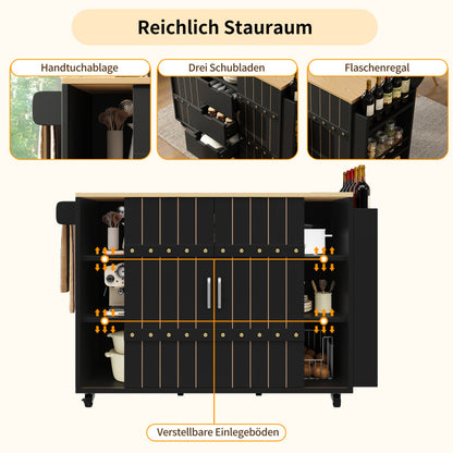 Küchenschrank, Servierwagen mit Holzmaserung, Küchenwagen mit rollen und arbeitsplatte, Küchenwagen mit Gewürzregal und Handtuchhalter, Kücheninsel mit Schiebetüren und Schubladen, schwarz