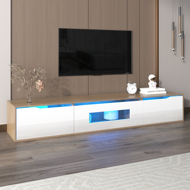 TV-Schrank, Hochglanz-TV-Schrank, farblich passend zu Hochglanz-Weiß und Holzfarbe, mit farbwechselndem LED-Licht.