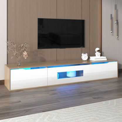 TV-Schrank, Hochglanz-TV-Schrank, farblich passend zu Hochglanz-Weiß und Holzfarbe, mit farbwechselndem LED-Licht.