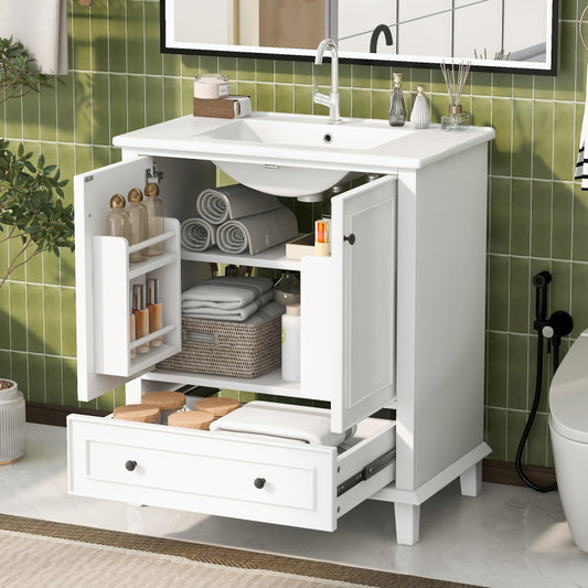 Bodenstehender Badezimmerschrank mit Waschbecken, Waschtisch, feuchtigkeits- und wasserdicht, integriertes Keramik Waschbecken, weiß