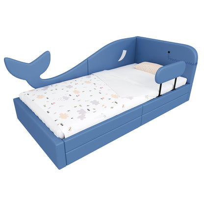 Kinder-Spleißbett, Polsterbett, Tagesbett, Walförmiges Design, Schlafsofa mit Metallbettgestell, 2 Schubladen auf Rollen, PU+MDF+Sperrholz, Blau, 90x200cm