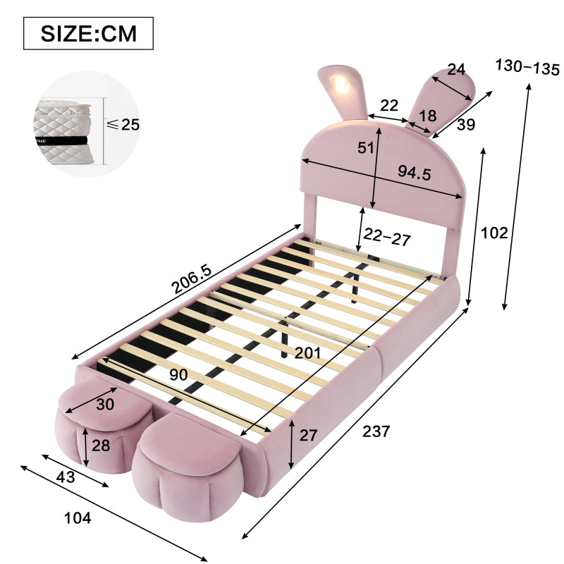 Polsterbett, Einzelbett, Hasenohren mit einstellbarer Helligkeit warmfarbenen Lichtstreifen, mit zwei Aufbewahrungshockern, Kinderbett mit Holzlatten, Samt, Rosa, 90x200cm