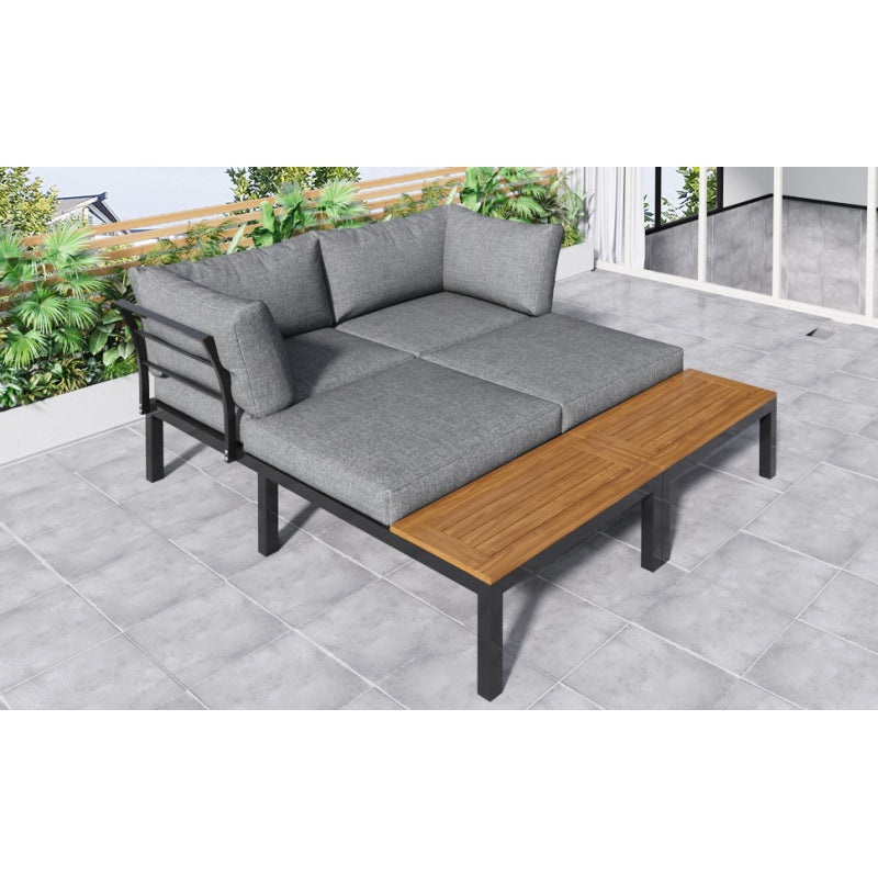 Garten-Lounge-Set (2 Zweisitzer, 2 Beistelltische, 1 Tisch), Tischplatte aus massiver Akazie, Stoffbezug für Rückenlehne, grau(previous sku:HW00005AAE)
