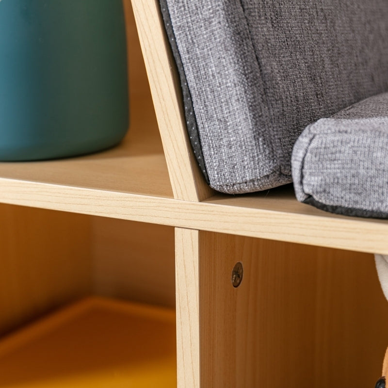 Kinderregal Bücherregal mit Sitzhocker Kindersitzbank mit 6 Fächern Sitztruhe mit 3 Kissen Spielzeugkiste ab 3 Jahren Grau+Natur