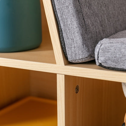 Kinderregal Bücherregal mit Sitzhocker Kindersitzbank mit 6 Fächern Sitztruhe mit 3 Kissen Spielzeugkiste ab 3 Jahren Grau+Natur