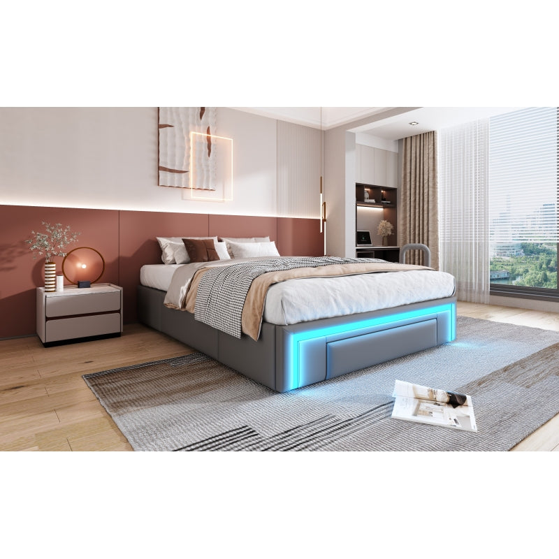 Bettgestell 140X200 mit Schubladen, PU-Leder Bett ohne Kopfteil Mit LED-Lichtleiste, MetalllattenPlattformbett für moderne Schlafzimmer Grau