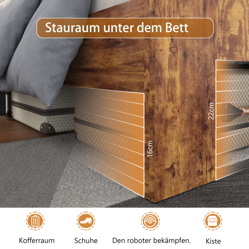 Holz Doppelbett, antikes Holz Bettgestell mit Eisen Lattenrost und hohem Kopfteil, mit Eisenrohrrahmen 140 x 200 cm