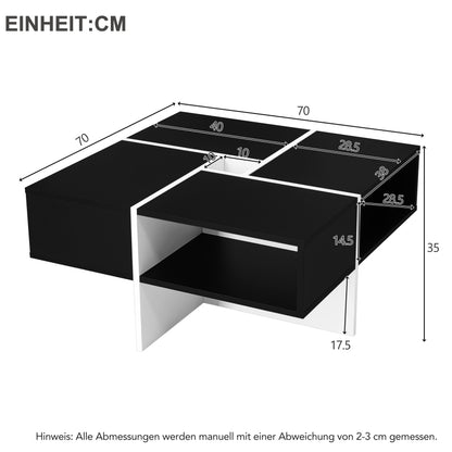 Moderner quadratischer Couchtisch 70x70x35cm - Schwarz-weißes Design, 5 offene Fächer, mittleres Ablagefach 10x10cm, Belastbarkeit 30KG, schwarzer quadratischer Couchtisch