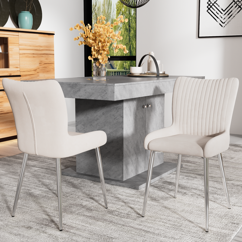 Samt-Esszimmerstuhl, 2er-Set, Lounge-Stuhl mit vier Silberne Metallstützbeinen, Lendenwirbelstütze, Beige