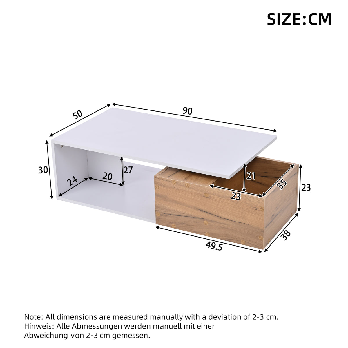 Design Couchtisch 90x50x30cm Weiß & Holz - Hochglanz Kaffeetisch mit 360° drehbarer Schublade & offenem Stauraum - Moderner Beistelltisch