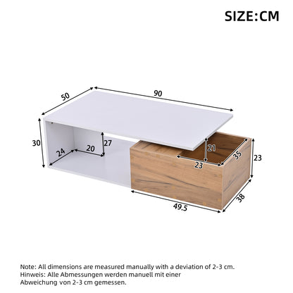 Design Couchtisch 90x50x30cm Weiß & Holz - Hochglanz Kaffeetisch mit 360° drehbarer Schublade & offenem Stauraum - Moderner Beistelltisch
