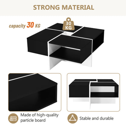 Moderner quadratischer Couchtisch 70x70x35cm - Schwarz-weißes Design, 5 offene Fächer, mittleres Ablagefach 10x10cm, Belastbarkeit 30KG, schwarzer quadratischer Couchtisch