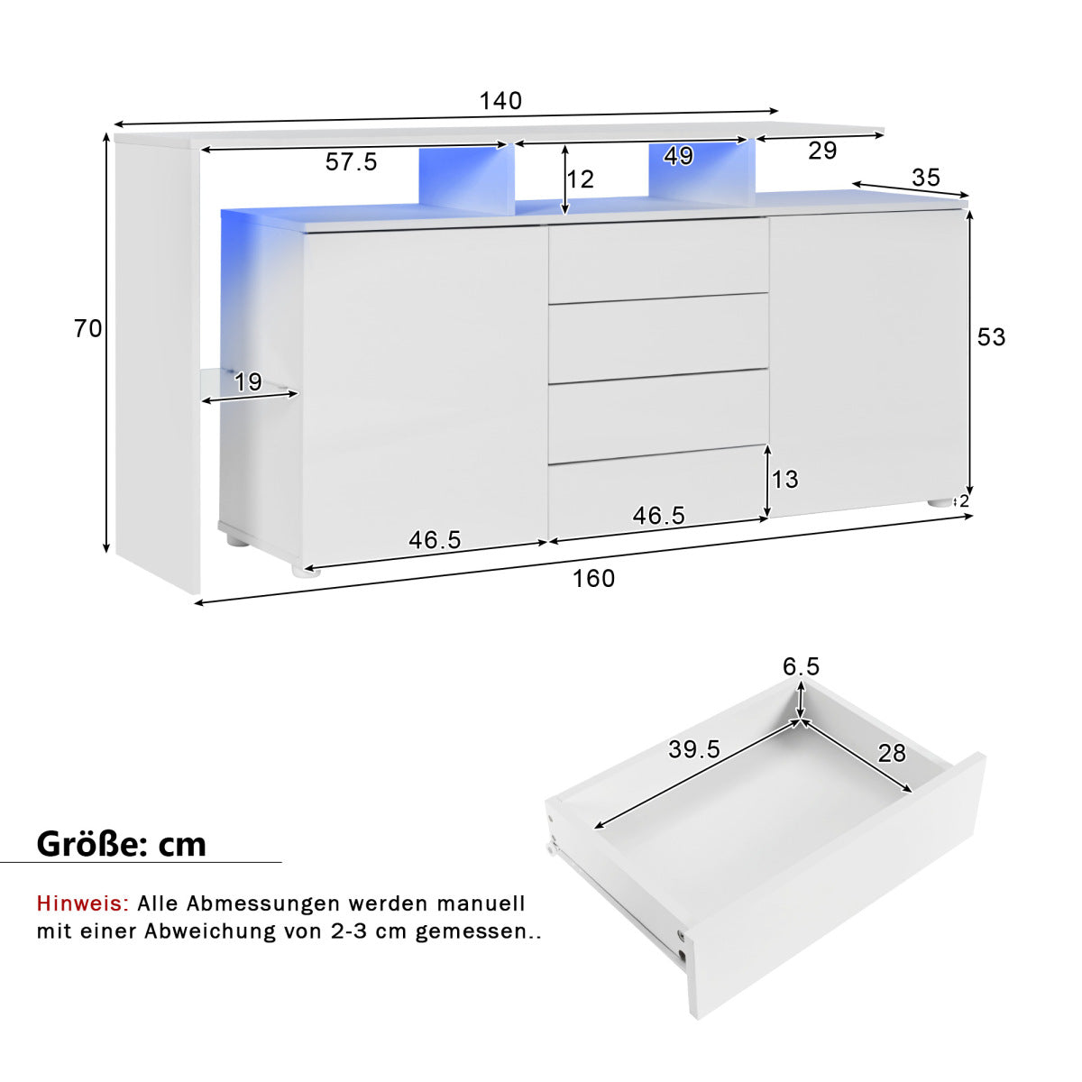 Modernes Sideboard 160cm mit LED-Beleuchtung & App-Steuerung, Hochglanz-Fronten, 4 Schubladen & Glasfach, TV-Schrank Kommode Weiß/Anthrazit