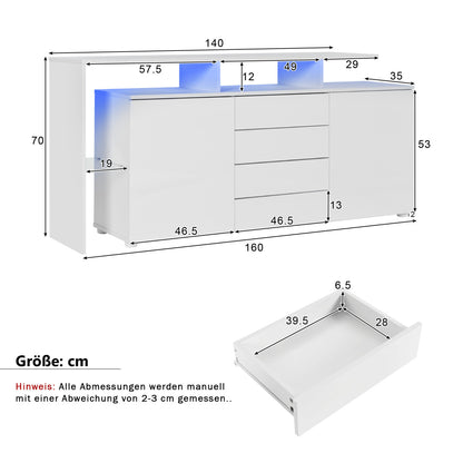 Modernes Sideboard 160cm mit LED-Beleuchtung & App-Steuerung, Hochglanz-Fronten, 4 Schubladen & Glasfach, TV-Schrank Kommode Weiß/Anthrazit