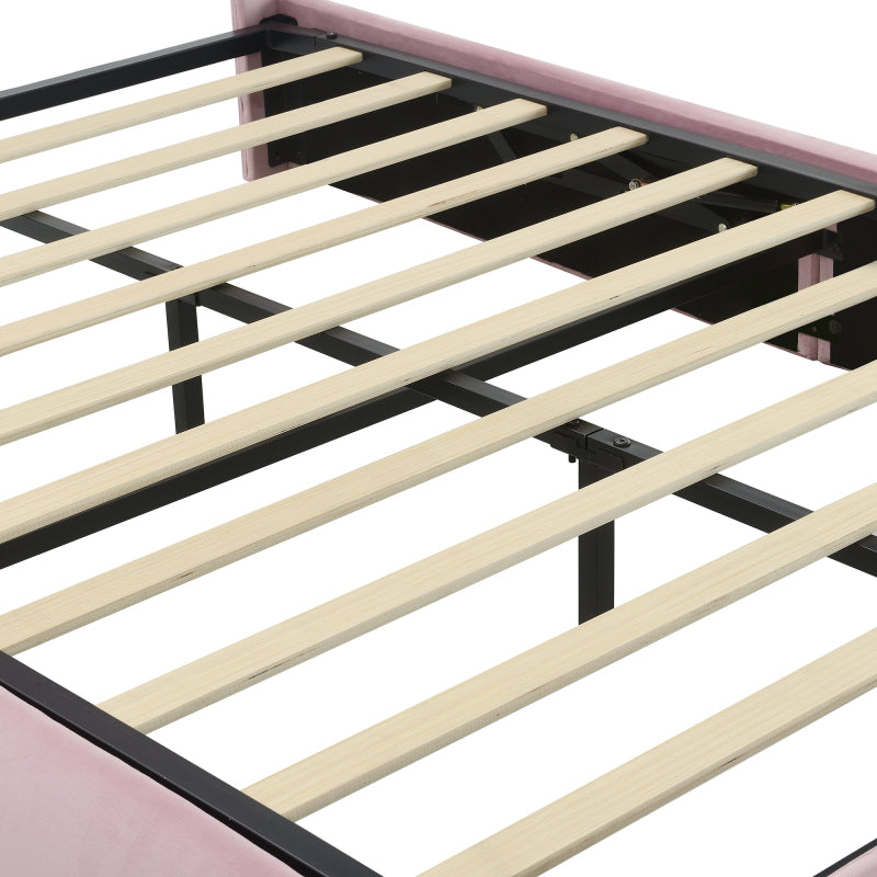 Polsterbett, Doppelbett, hydraulisches Bett, Hasenohren mit einstellbarer Helligkeit warmfarbenen Lichtstreifen, Stauraum unter dem Bett, zwei Aufbewahrungshockern, Samt, Rosa, 140x200cm