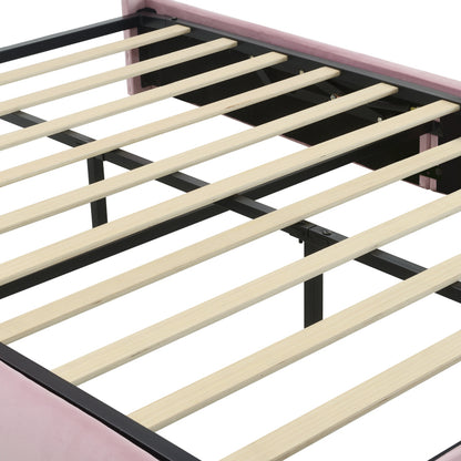 Polsterbett, Doppelbett, hydraulisches Bett, Hasenohren mit einstellbarer Helligkeit warmfarbenen Lichtstreifen, Stauraum unter dem Bett, zwei Aufbewahrungshockern, Samt, Rosa, 140x200cm