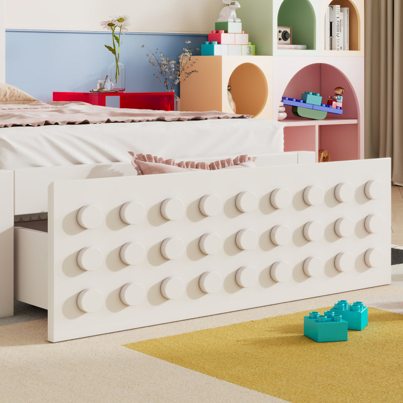 Holzbett Einzelbett 90x200 cm, Kinderbett Jugendbett mit Kreativem Block Design, Massivholz Bettgestell mit Lattenrost, mit Schubladen & Unterm Bett Stauraum, Weiß, Ohne Matratze
