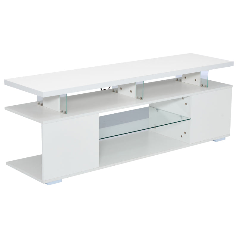 Moderner Low-Panel-Hochglanz-TV-Ständer mit LED-Beleuchtung, TV-Panel, TV-Glasschrank für 60-Zoll-Fernseher, Tische, universelle Gaming-Medienständer, Stauschränke und große Stauräume, Reinweiß