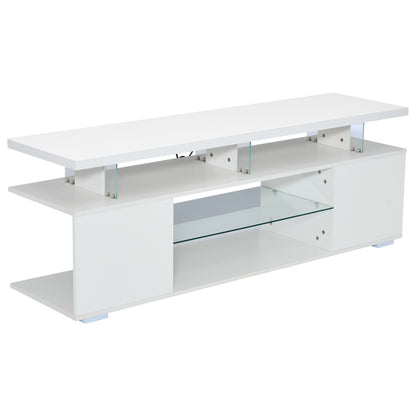 Moderner Low-Panel-Hochglanz-TV-Ständer mit LED-Beleuchtung, TV-Panel, TV-Glasschrank für 60-Zoll-Fernseher, Tische, universelle Gaming-Medienständer, Stauschränke und große Stauräume, Reinweiß
