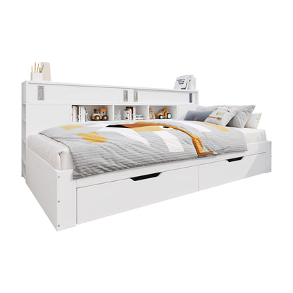 Multifunktionales Stauraumbett 135x190 cm - Daybed mit 2 Schubladen, Schiebetüren & Regalen - Stabiles Funktionsbett MDF bis 200kg - Weiß