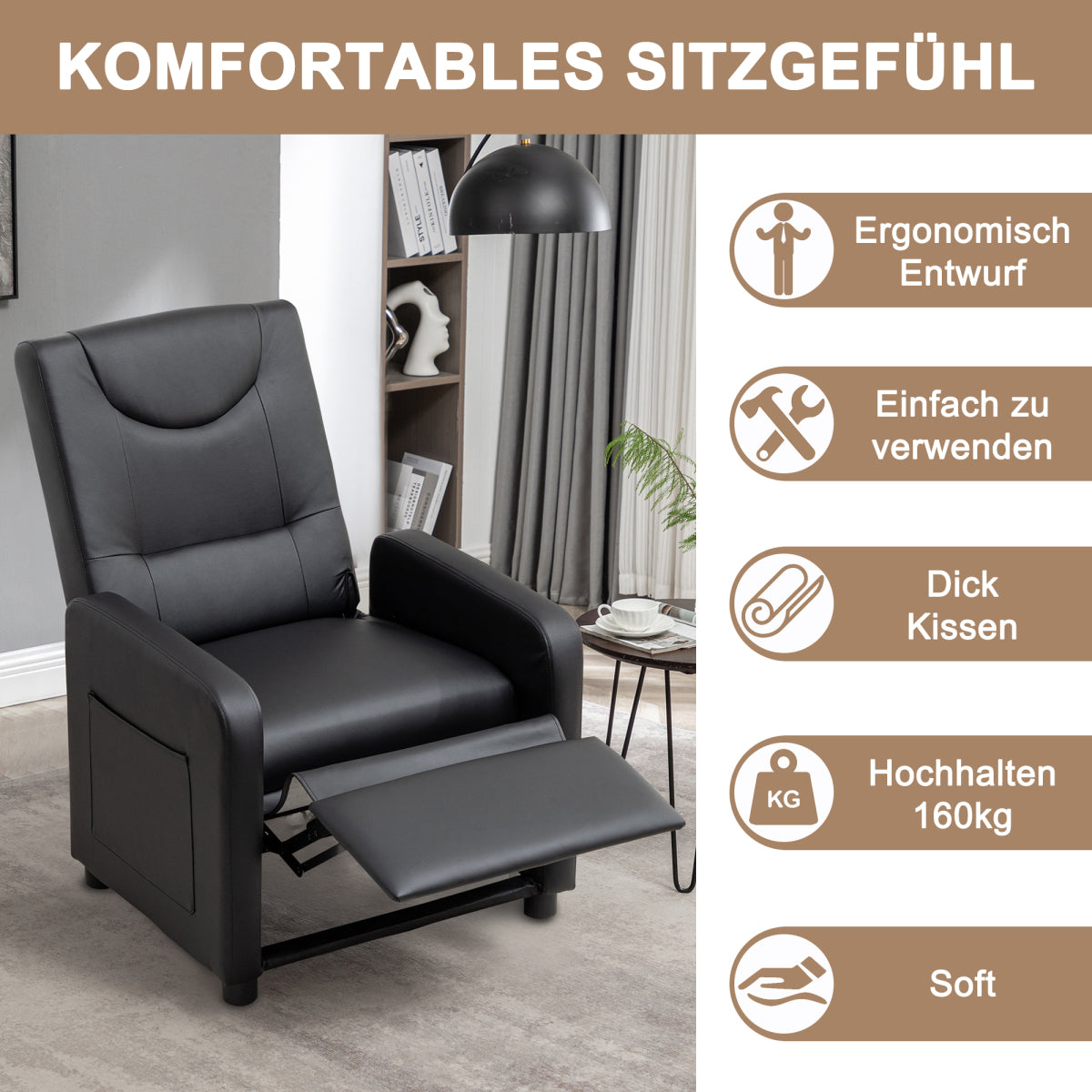 Fernsehsessel Relaxsessel Loungesofa mit Fußstütze Sessel Lehnstuhl Liegesessel Schwarz PU