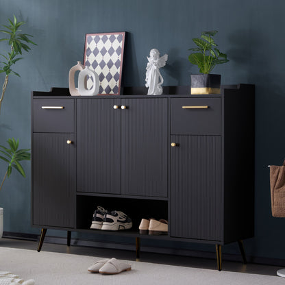 Schuhschrank, Schuhregal mit 2 Schubladen und 4 Türen, Metallfüße, schwarz