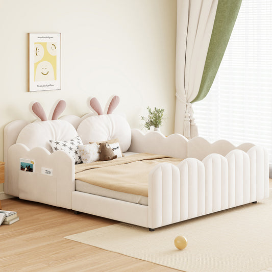 140x200 Gepolstertes Plattformbett mit Kissen in Kaninchenform, Beige